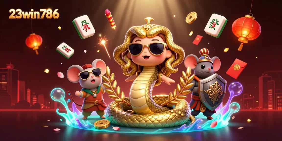 Engage with 23win786's vibrant casino games through a stunning 3D illustration of Medusa and characters celebrating luck.