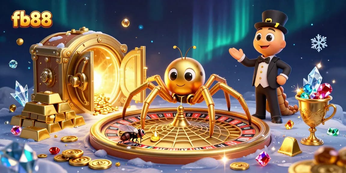 Experience thrilling action with fb88 in a vibrant 3D casino scene featuring a roulette wheel and precious gems.