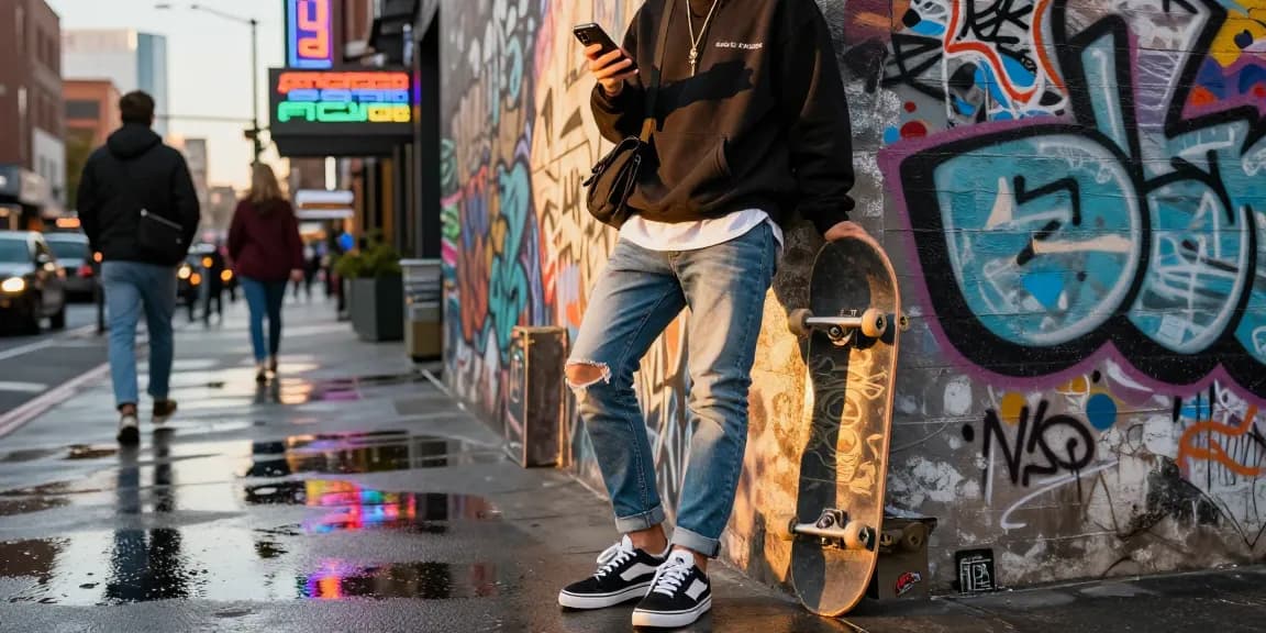 Essentials hoodie worn in urban fashion setting, showcasing modern street style.