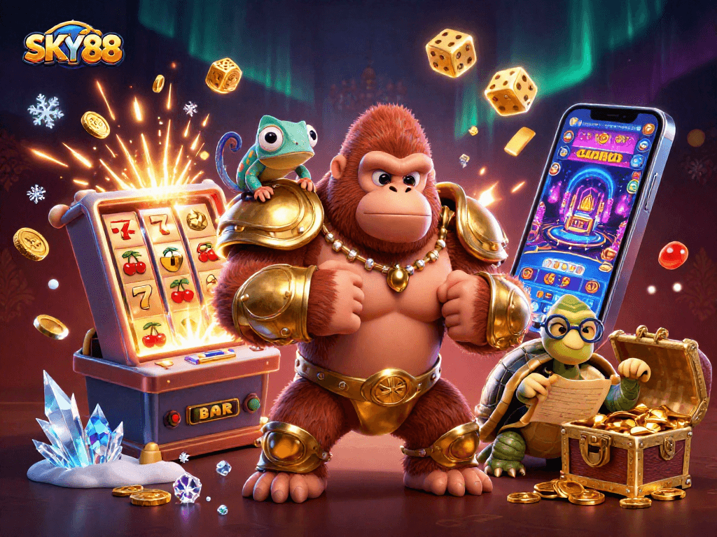 SKY88 showcases a powerful gorilla king amid dynamic slot elements, enhancing the casino excitement.