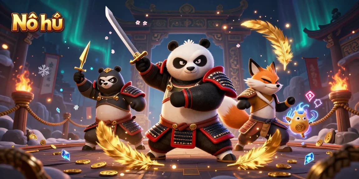 Nổ hũ action featuring a samurai panda, ninja fox, and spirit tanuki in a dynamic casino-themed environment.