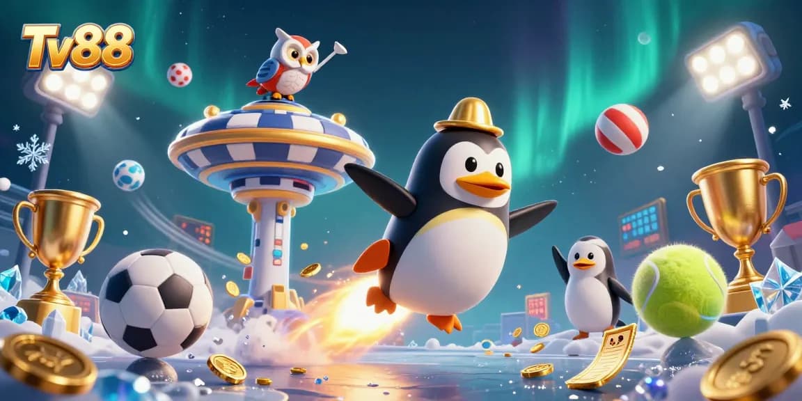 Experience thrilling gameplay at Tv88 with an exciting cosmic gambling scene featuring a golden penguin and poker chip.