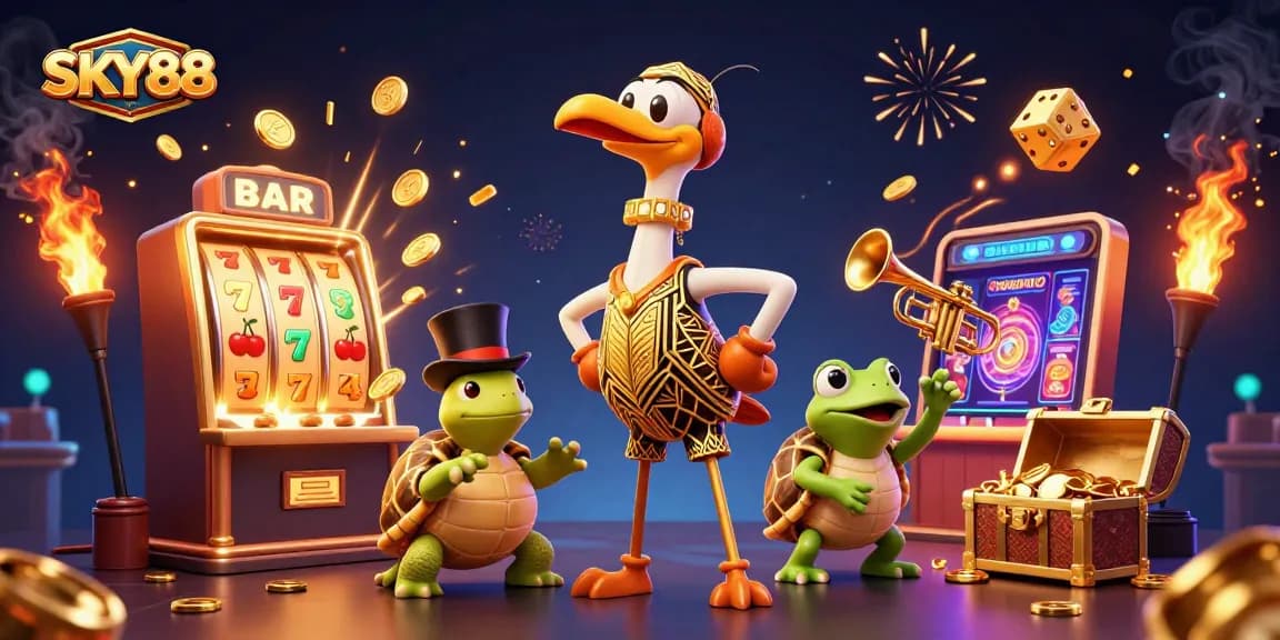 Engage in thrilling casino action at SKY88 with vibrant characters and dynamic gaming elements.
