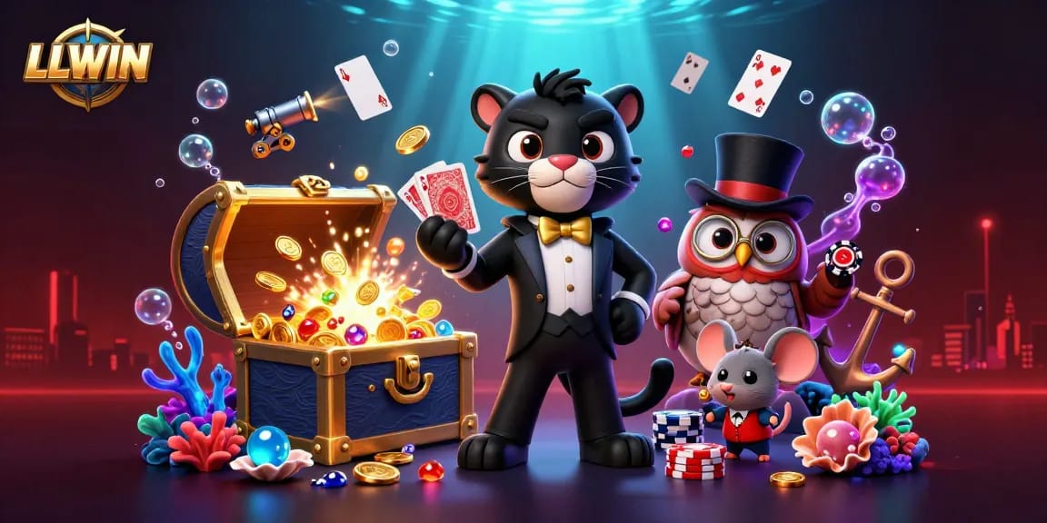 LLWIN casino experience features a stylish panther dealer and lucky symbols amidst colorful gems.