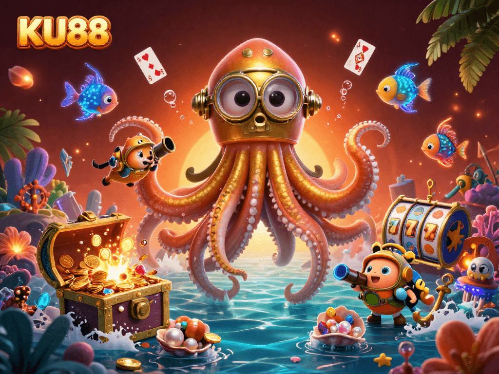 KU88 showcases a thrilling underwater casino adventure with vibrant 3D kraken and treasures exploding.