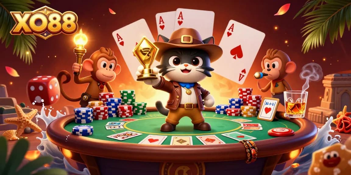 Experience thrilling gaming adventures at XO88 with a cartoon explorer and magical casino elements.
