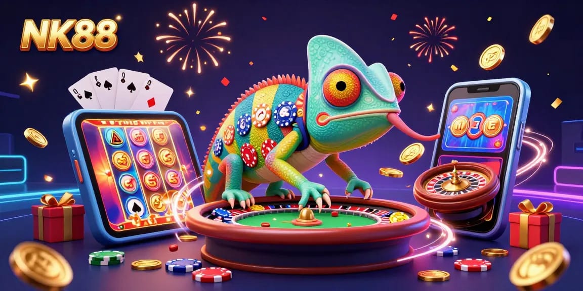 Engage with the vibrant world of NK88 online gambling, featuring a lively chameleon casino owner amidst slot games and poker elements.