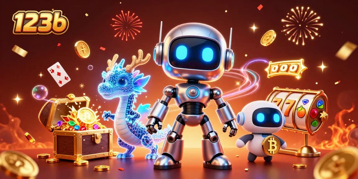 Engage with exciting 123b gaming elements in a vibrant 3D casino scene, featuring robots and treasures.