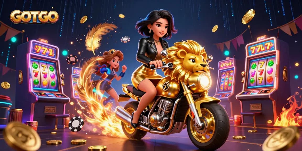 Ikuti permainan yang mendebarkan di GOTOTO, menampilkan seorang wanita Asia glamor yang mengendarai maskot singa emas.