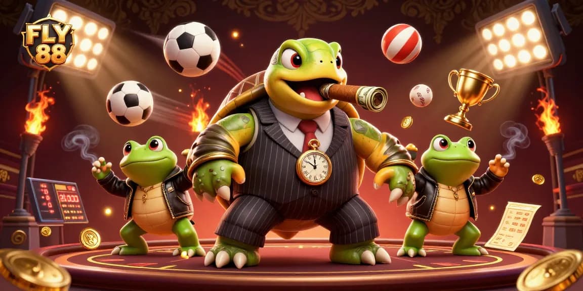 Engage with the excitement of FLY 88 casino adventures featuring a lively snapping turtle and bullfrog enforcers.
