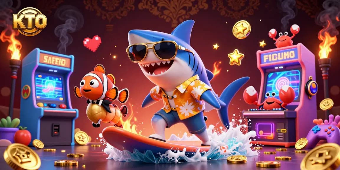 KTO players winning big as a hammer-head shark surfs gold coins among vibrant gambling action.