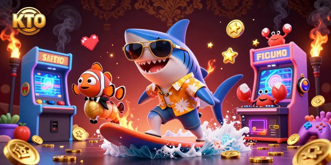 KTO players winning big as a hammer-head shark surfs gold coins among vibrant gambling action.