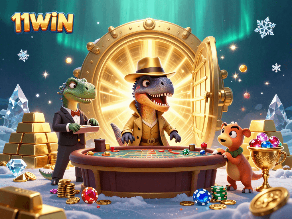 11WIN showcases a dynamic 3D scene with a velociraptor card counter and casino treasures.
