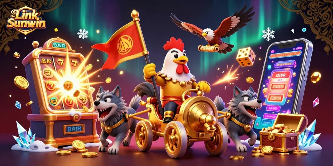 Link Sunwin showcases a vibrant 3D casino scene with characters celebrating a jackpot and interactive gaming elements.
