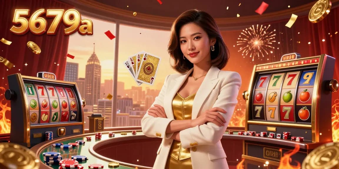 Win big with 5679a in an exciting casino scene featuring an elegant dealer showcasing golden cards.