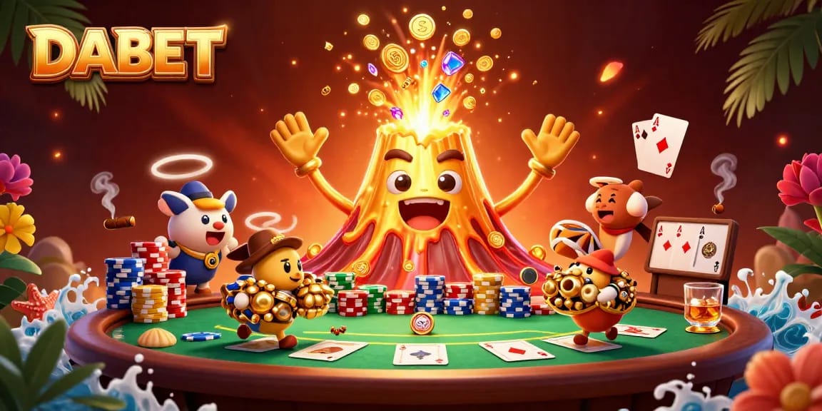 DABET casino scene featuring a triumphant volcano and fleeing animals among poker elements