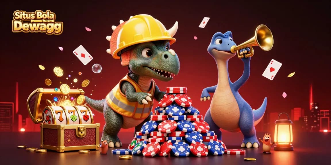 Situs Bola Resmi Dewagg features a triumphant scene with 3D characters celebrating winning in a casino atmosphere.