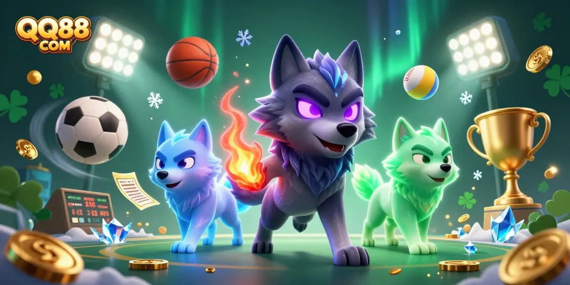 Engage with the thrilling atmosphere of QQ88 COM, featuring a dynamic scene with ghostly wolves and sports elements.