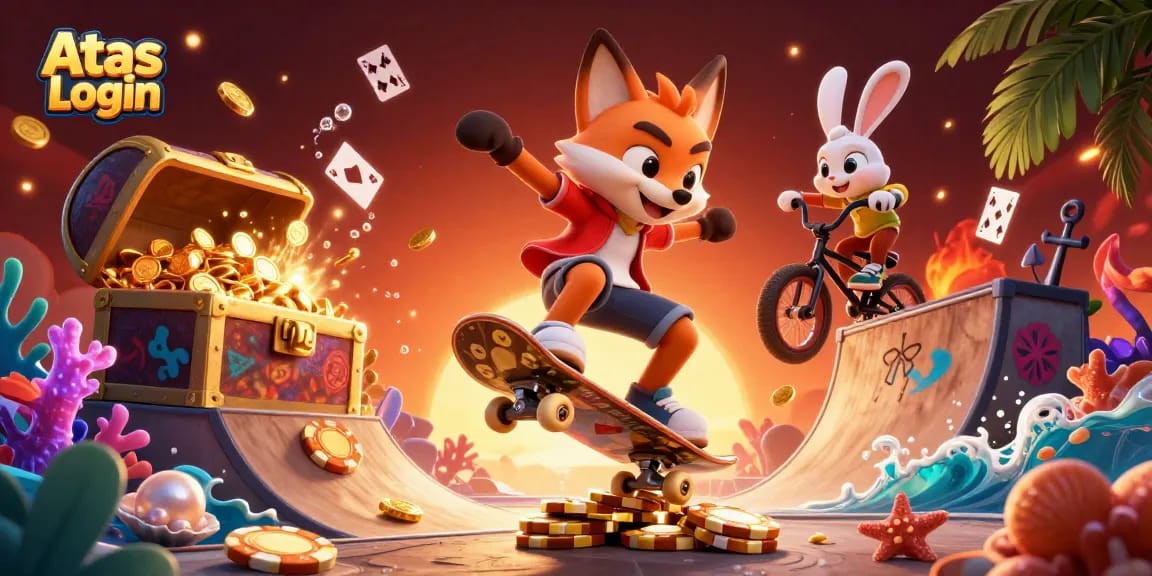 Experience seamless Atas Login with 3D characters embodying casino adventure and excitement in this dynamic illustration.