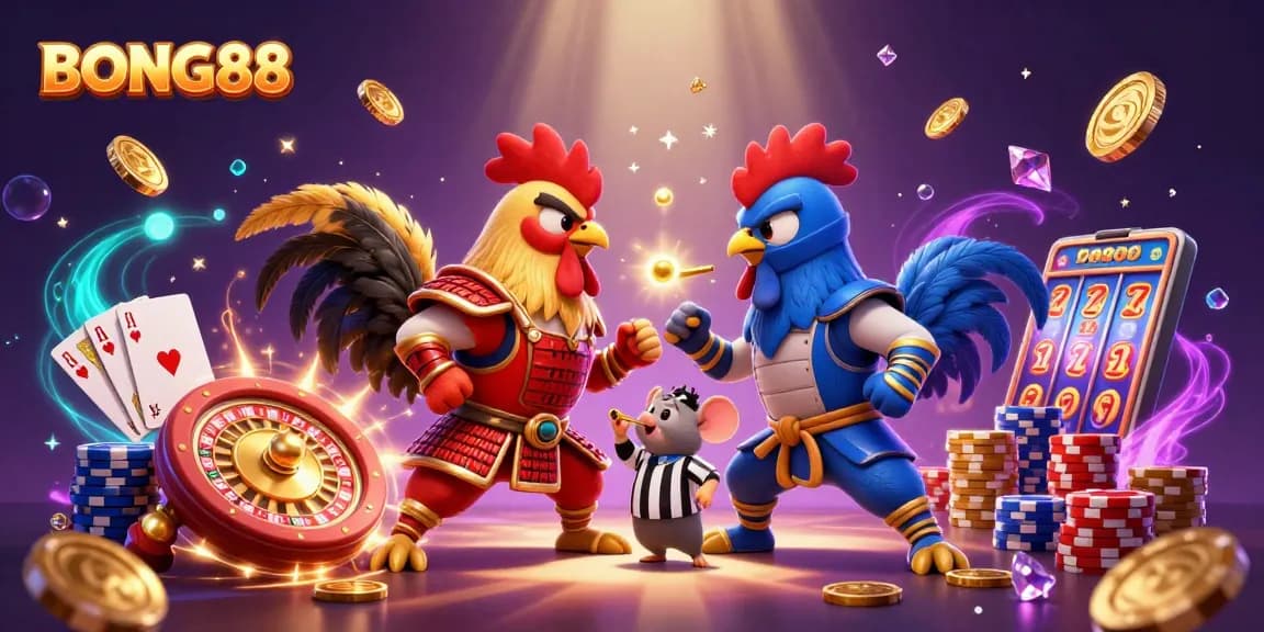 Bet on BONG88 amidst a showdown between samurai and ninja roosters in a vibrant casino setting.