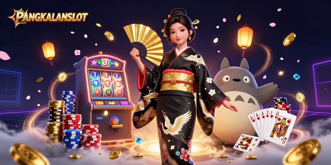 Experience the thrilling action of PANGKALANSLOT with a vibrant casino illustration featuring slots, poker, and magic.
