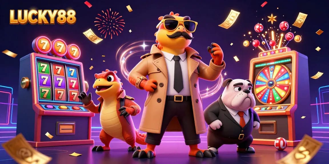 Experience excitement with LUCKY88 as playful raptors navigate a casino VIP scene.