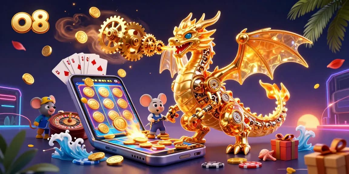 Play exciting games at o 8 online casino with colorful slots, vibrant golden dragon, and dynamic gameplay.