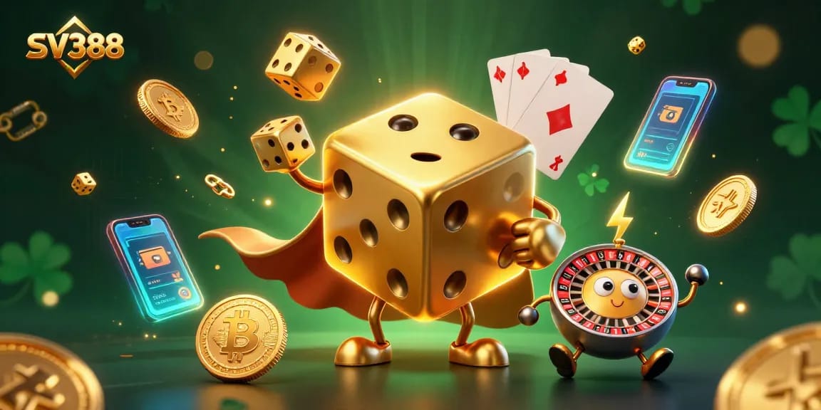 SV388 lively scene with a golden dice golem juggling dice, showcasing vibrant casino elements and blockchain icons.