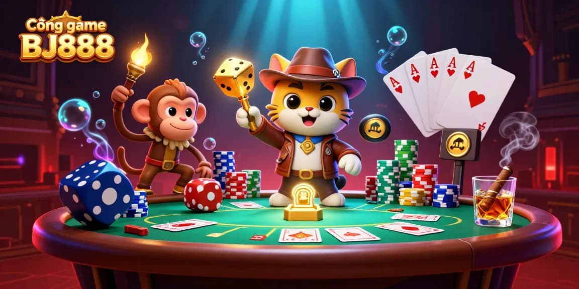 Experience thrills at Cổng game BJ888 as explorers discover treasures in a vibrant casino scene.