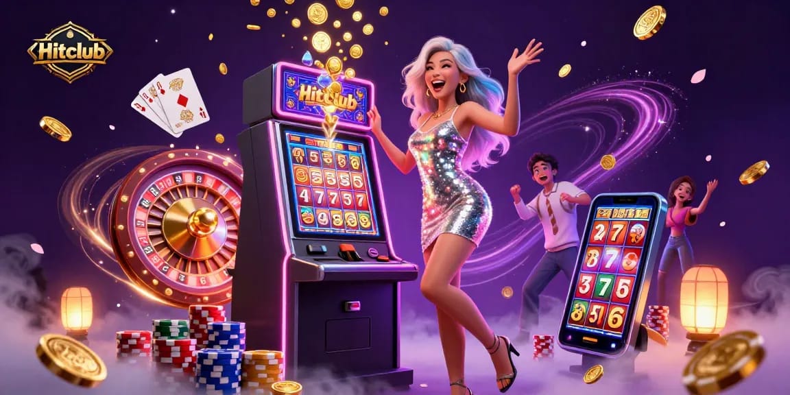 Experience excitement at Hitclub with dazzling slots, golden coins, and vibrant casino lights.