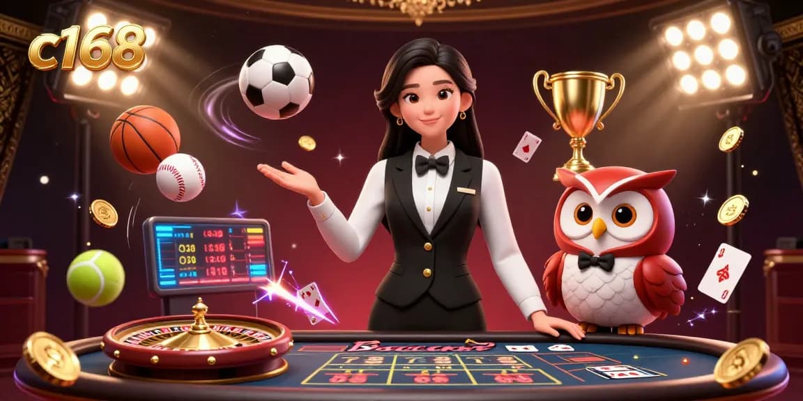 Experience vibrant gambling action at c168's baccarat table with charming dealers and engaging game elements.