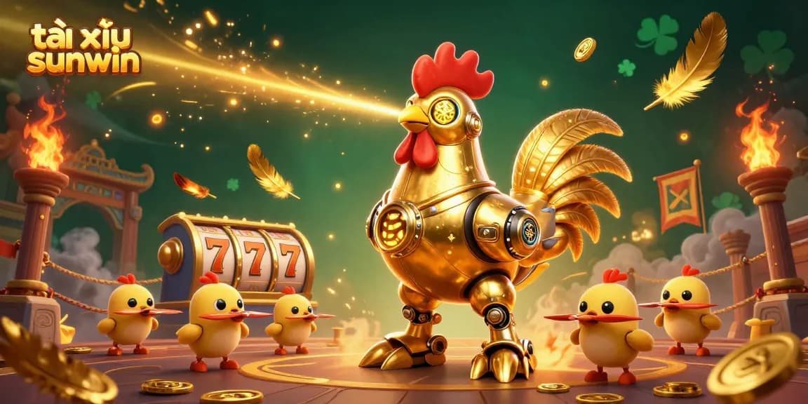Engage in tài xỉu sunwin with an exciting scene featuring a golden rooster robot and adorable chick drones.