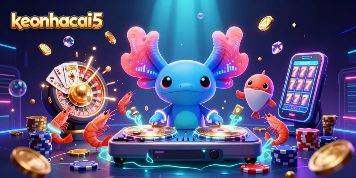 Engage with keonhacai5 through vibrant gaming excitement in this lively 3D casino illustration featuring dynamic characters.