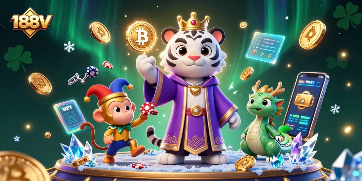 Experience the vibrant world of 188V with a lively casino scene featuring a regal tiger and playful monkey.