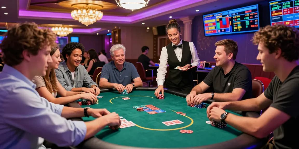 Exciting BL555 online gambling scene featuring diverse players at a poker table, capturing the electric casino atmosphere.