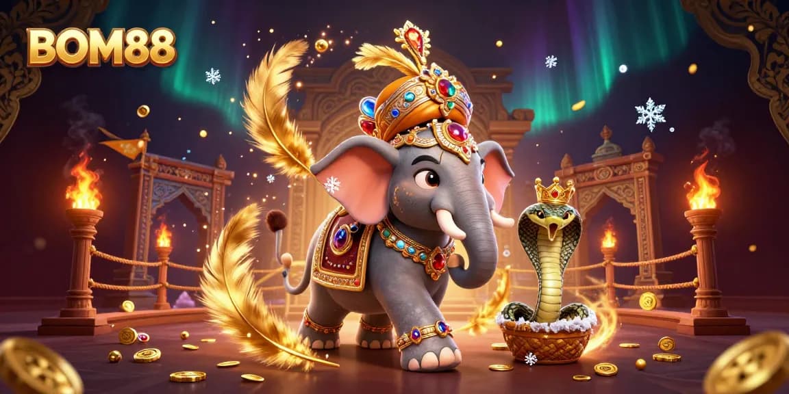 BOM88's vibrant online gambling scene features a tiger maharaja, jewel-encrusted elephant, and a golden cobra amid rich casino elements.