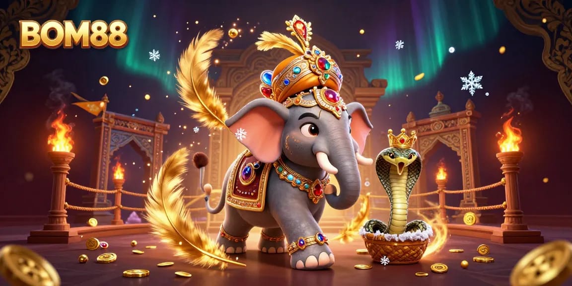 BOM88's vibrant online gambling scene features a tiger maharaja, jewel-encrusted elephant, and a golden cobra amid rich casino elements.