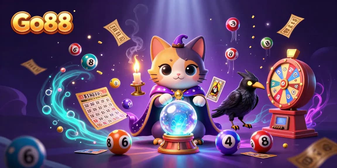 Engage with Go88's vibrant gaming universe through an illustration showcasing thrilling lottery elements and mystical characters.