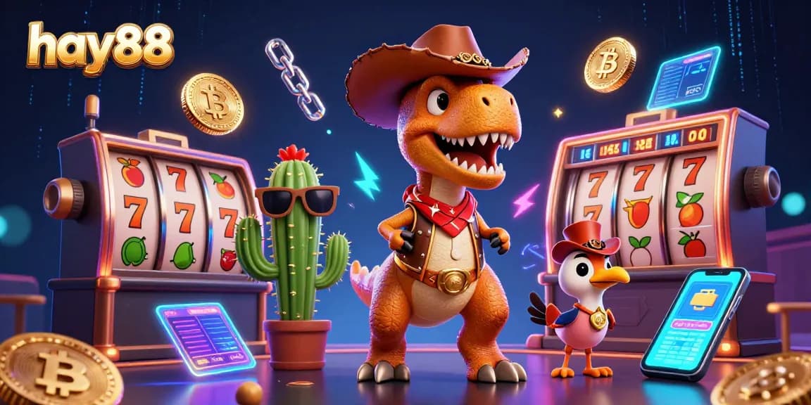 Experience exhilarating gaming action at hay88 with 3D slots, jackpots, and crypto elements in a vibrant scene.