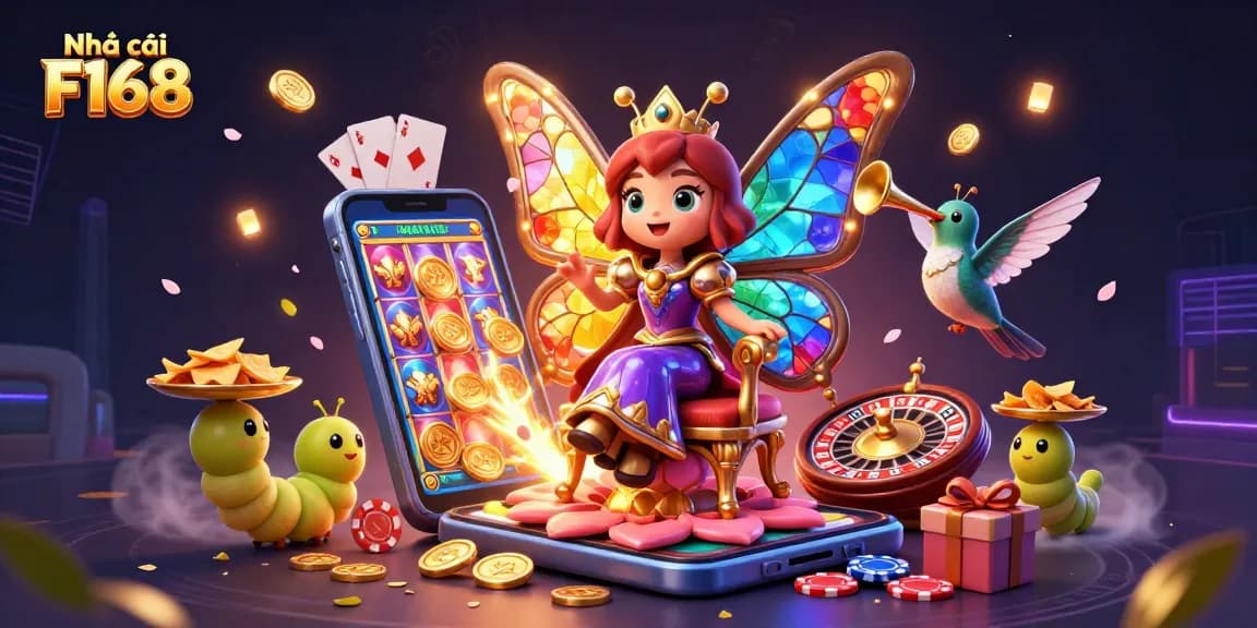 Experience the thrilling world of Nhà cái F168 with vibrant characters and dynamic games in this 3D illustration.