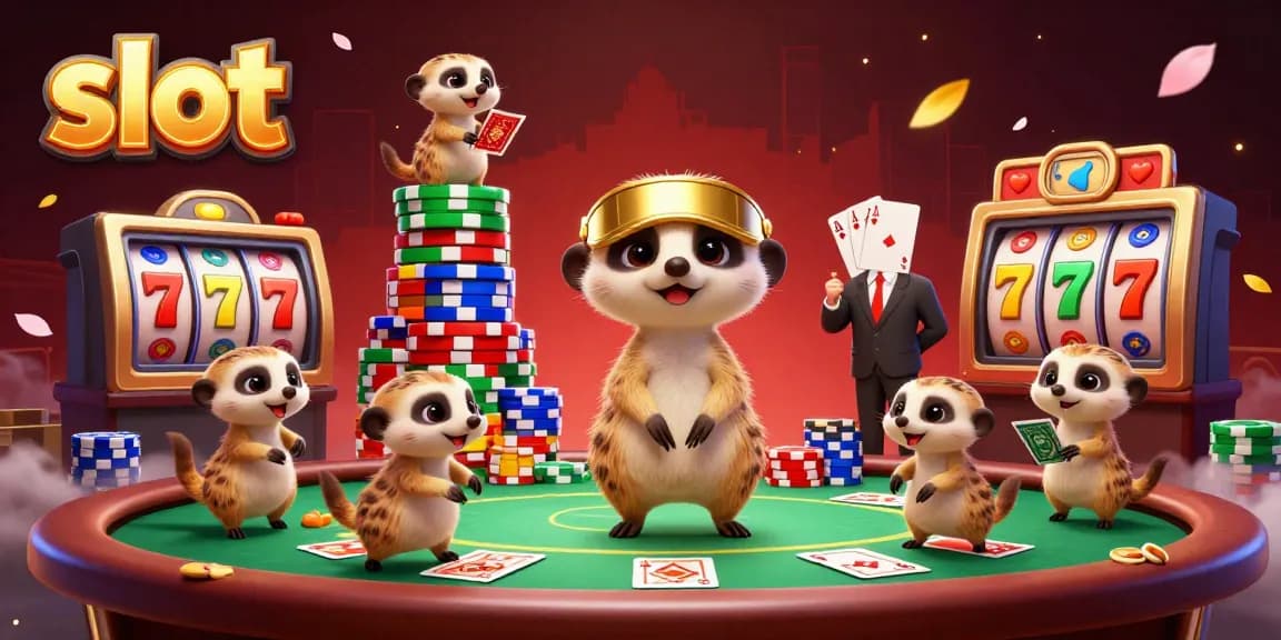 Slot yang mengasyikkan di kasino dengan meerkat yang beroperasi, memutar reel menang.
