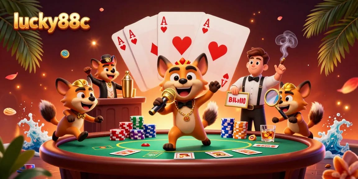 Experience the fun at lucky88c with a lively casino scene featuring cartoon hyenas!