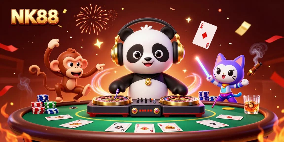 Experience thrilling gameplay at NK88 with a colorful 3D DJ panda and lively casino elements.