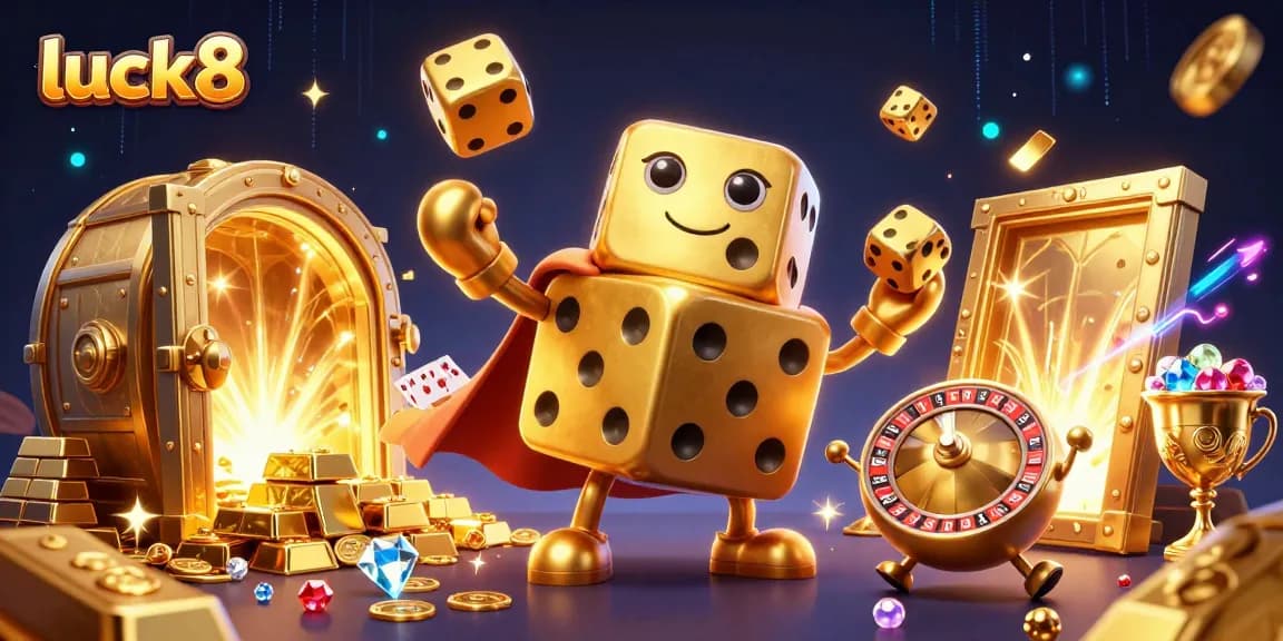 Experience the thrill of luck8 with animated golden casino dice juggling gold treasures amidst vibrant game elements.