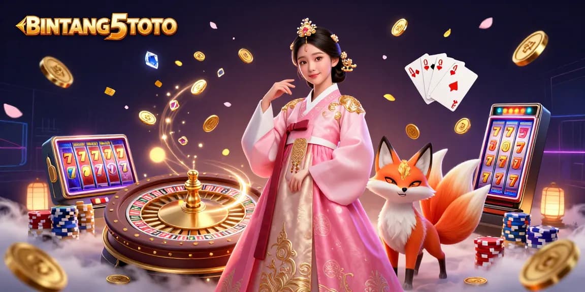Experience thrilling gameplay with BINTANG5TOTO's vibrant casino illustration featuring dynamic slot reels and lucky symbols.