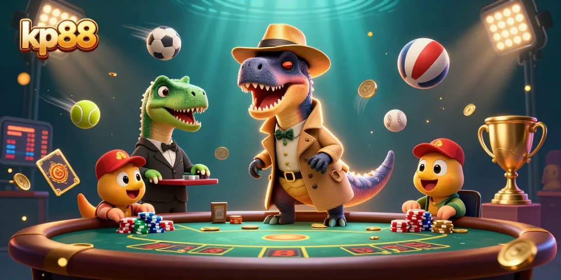 Bet on thrilling games at kp88 with a cartoon velociraptor and stegosaurus alongside dynamic sports elements.