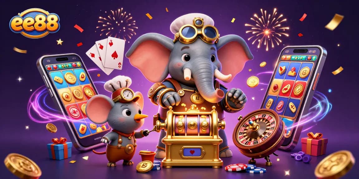 Spin the reels with ee88's vibrant 3D steampunk-themed casino scene full of excitement.
