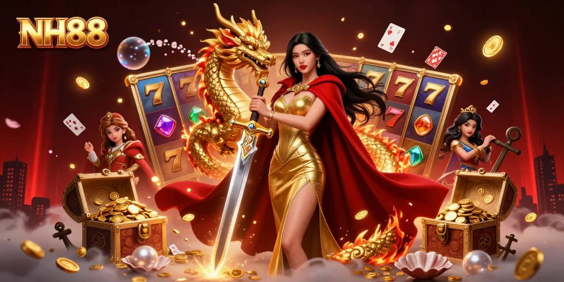 Experience NH88 casino excitement with stunning visuals of slot reels and characters in a captivating scene.
