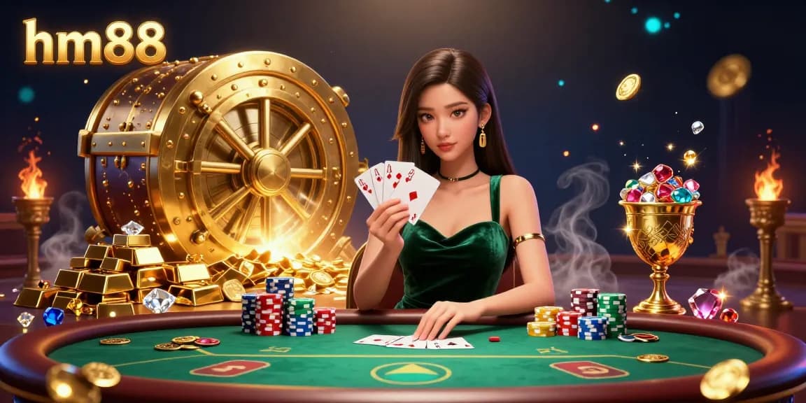 Engage with excitement at hm88, showcasing a stunning poker scene filled with gold and gems.