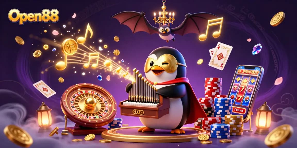 Experience exciting gameplay at Open88 with a vibrant 3D casino illustration showcasing thrilling slots and games.